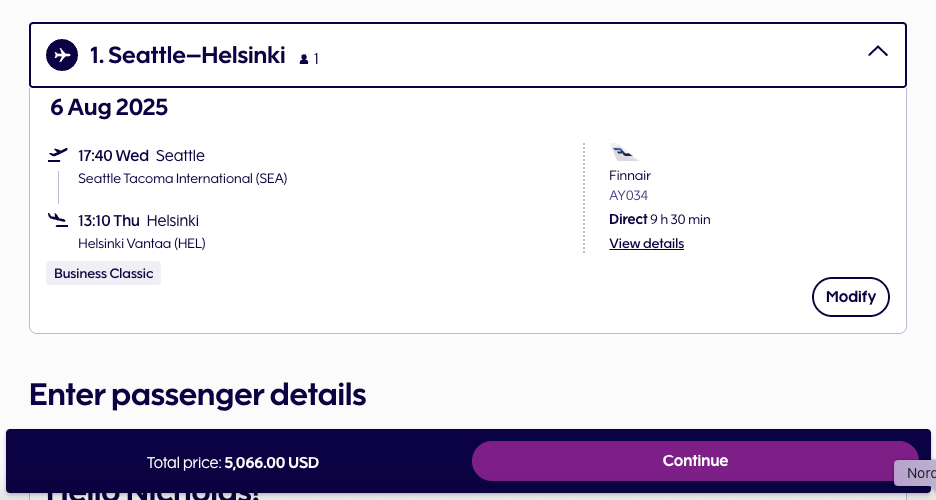 Finnair SEA HEL cash